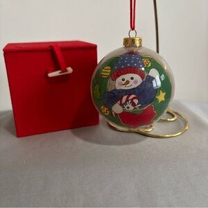 Hand-Painted (Inside) Glass 3" Ornament – Snowman Sleigh - NIB